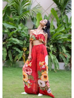 FORAM PATEL - Red Floral Printed Ruffle Bustier with Pant (Set of 2)