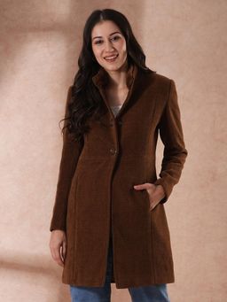 Globus - Women Brown Mock Neck Long Sleeves Self Design 2 Pockets Tailored Fit Winter Overcoat