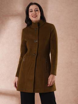 Globus - Women Olive Mock Neck Long Sleeves Self Design 2 Pockets Tailored Fit Winter Overcoat