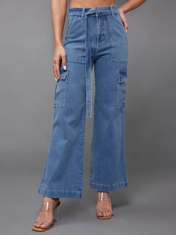Miss Chase - Women Mid Blue Wide-Leg High-Rise Stretchable Cargo Jeans with Belt (Set of 2)