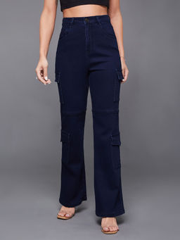 Miss Chase - Women Navy Blue Wide-Leg High Rise Stretchable Jeans