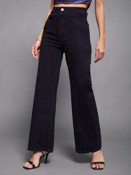 Miss Chase - Women Black Wide Leg High Rise Regular-Length Stretchable Jeans
