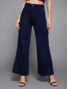 Miss Chase - Women Navy Wide Leg High Rise Regular Stretchable Cargo Jeans