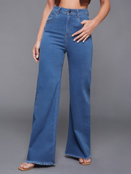 Miss Chase - Women Mid Blue Wide-Leg High-Rise Regular-Length Jeans