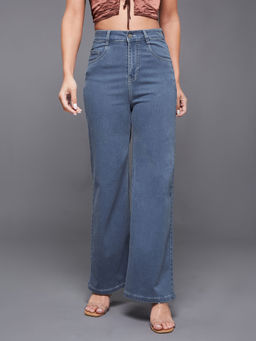 Miss Chase - Women Blue Wide-Leg High-Rise Regular-Length Stretchable Jeans
