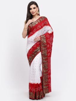 KISHORI - Women Bandhani With Zari Weaving Silk Saree & Blouse Whie & Red with Unstitched