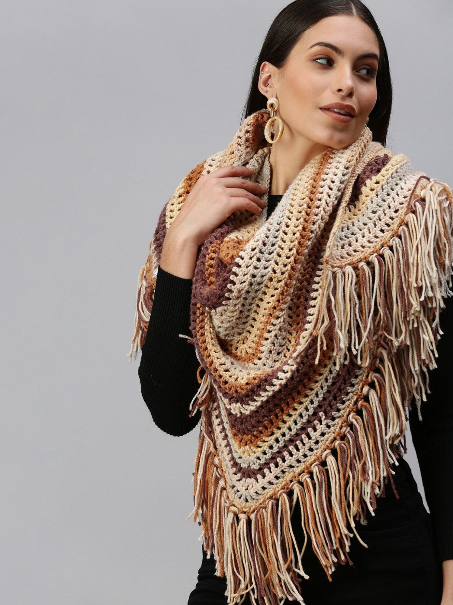 magic needles Women Brown Beige Striped Handmade Shawl-picture-44