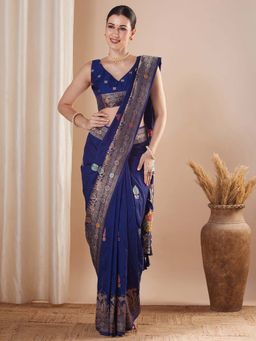 Sareemall - Navy Blue Woven Saree with Unstitched Blouse