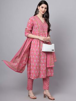 Divena - Pink Floral Kurta with Pant and Dupatta (Set of 3)