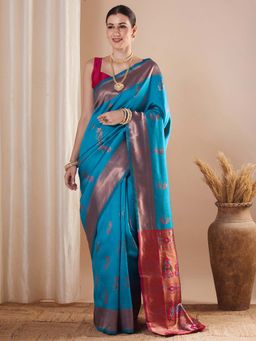 Sareemall - Blue Woven Saree with Unstitched Blouse
