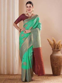 Sareemall - Turquoise Woven Saree with Unstitched Blouse