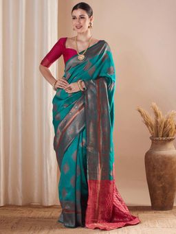 Sareemall - Blue Woven Saree with Unstitched Blouse