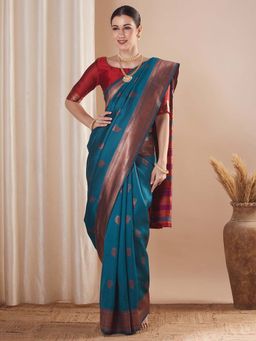Sareemall - Teal Woven Saree with Unstitched Blouse