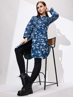 Globus - Women Blue Mandarin Neck Floral Print Quilted Knee Length Curved Hem Reversible Winter Shrug