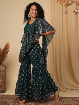 Globus - Teal Printed Pre-Draped Saree with Stitched Blouse