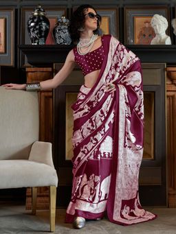 Sareemall - Magenta Printed Saree with Unstitched Blouse with Unstitched