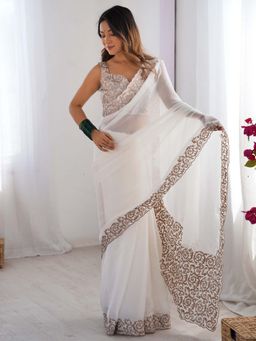 Sareemall - White Embroidered Saree with Unstitched Blouse with Unstitched