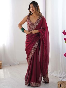 Sareemall - Burgundy Embroidered Saree with Unstitched Blouse with Unstitched