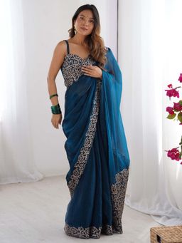 Sareemall - Teal Embroidered Saree with Unstitched Blouse with Unstitched
