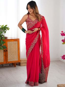 Sareemall - Pink Embroidered Saree with Unstitched Blouse with Unstitched