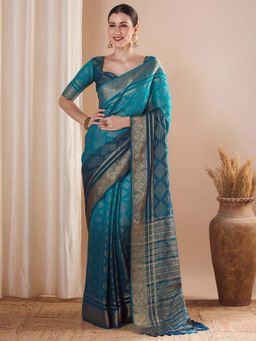 Sareemall - Blue Woven Saree with Unstitched Blouse