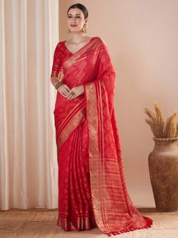 Sareemall - Red Woven Saree with Unstitched Blouse