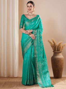 Sareemall - Turquoise Woven Saree with Unstitched Blouse