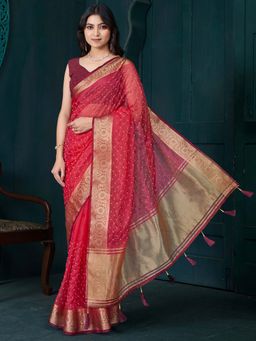 Sareemall - Red Woven Saree with Unstitched Blouse with Unstitched