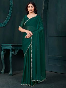 Sareemall - Green Solid Saree with Unstitched Blouse with Unstitched