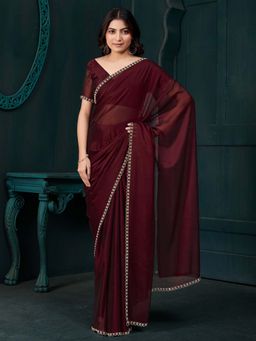Sareemall - Wine Solid Saree with Unstitched Blouse with Unstitched