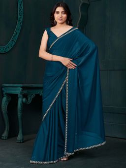 Sareemall - Teal Solid Saree with Unstitched Blouse with Unstitched