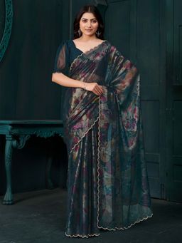 Sareemall - Teal Printed Saree with Unstitched Blouse with Unstitched