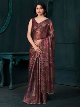 Sareemall - Magenta Printed Saree with Unstitched Blouse with Unstitched