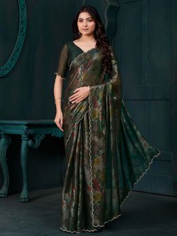 Sareemall - Green Printed Saree with Unstitched Blouse with Unstitched