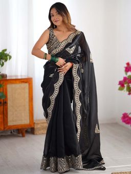 Sareemall - Black Embellished Saree with Unstitched Blouse with Unstitched