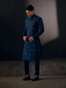 Jatin Malik - Blue Sapphire Contemporary Sherwani (Set of 3)