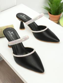 CHINRAAG - Women Black Pointed Toe Mule Heels