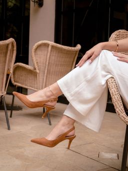 London Rag - Women Tan Soft Manmade Suede Pointed Toe Slingbacks Stiletto Heels