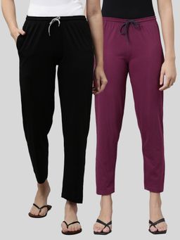 Kryptic - Womens Black Burgundy Mid Waist Cotton Solid Pants (Pack of 2)