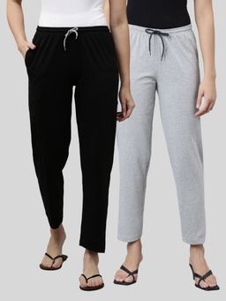 Kryptic - Womens Black Grey Melange Mid Waist Cotton Solid Pants (Pack of 2)
