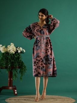 Gahan - Cotton Ethnic Motifs Printed A-Line Dress with Belt (Set of 2)