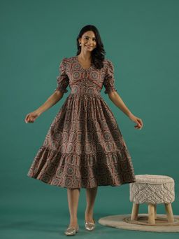 Gahan - Ethnic Motifs Printed Puff Sleeve Tiered Fit & Flare Midi Dress