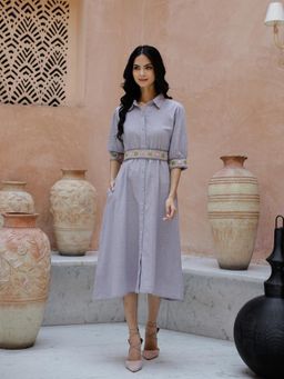 Gahan - Solid Shirt Collar A-Line Ethnic Dress with Belt (Set of 2)