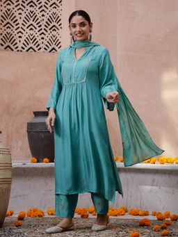 Gahan - Floral Embroidered Pleated Thread Work Kurta Pants & Dupatta (Set of 3)