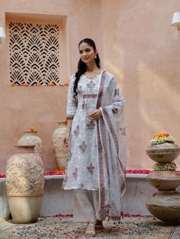 Gahan - Floral Printed Pure Cotton A-Line Kurta Pants & Dupatta (Set of 3)