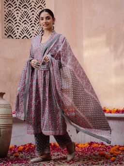 Gahan - Floral Printed Pure Cotton A-Line Kurta Pants & Dupatta (Set of 3)