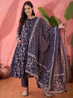 Gahan - Women Blue Casual Round Neck Printed Kurta Pants & Dupatta (Set of 3)