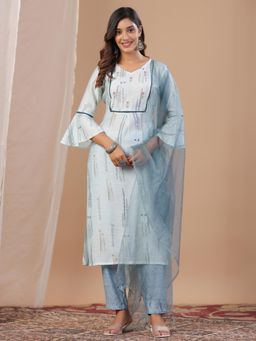 Gahan - Floral Printed Bell Sleeves Thread Work Straight Kurta & Pants With Dupatta (Set of 3)