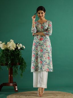 Gahan - Floral Printed Round Neck Thread Work Straight Kurta