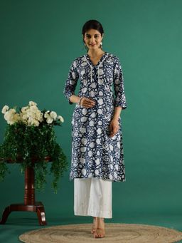 Gahan - Floral Printed V-Neck Cotton Straight Kurta